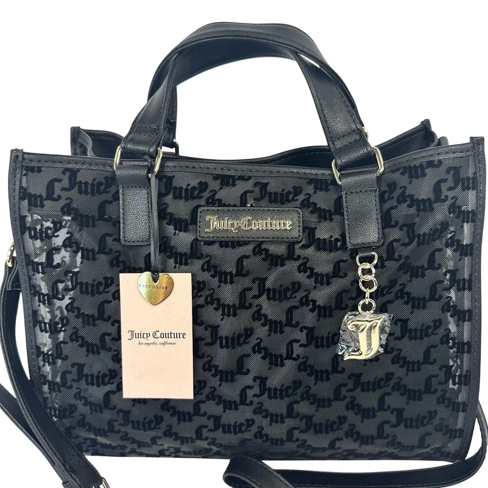 Juicy Couture Black Mesh Gothic Logo Satchel Crossbody‎ Bag Gold Tone Hardware
